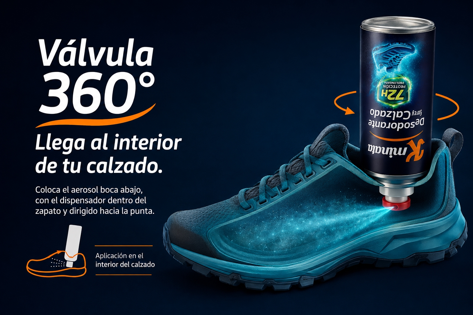 Escena ilustrativa de una deportista aplicando el desodorante Kminata hacia el interior de una zapatilla vacía