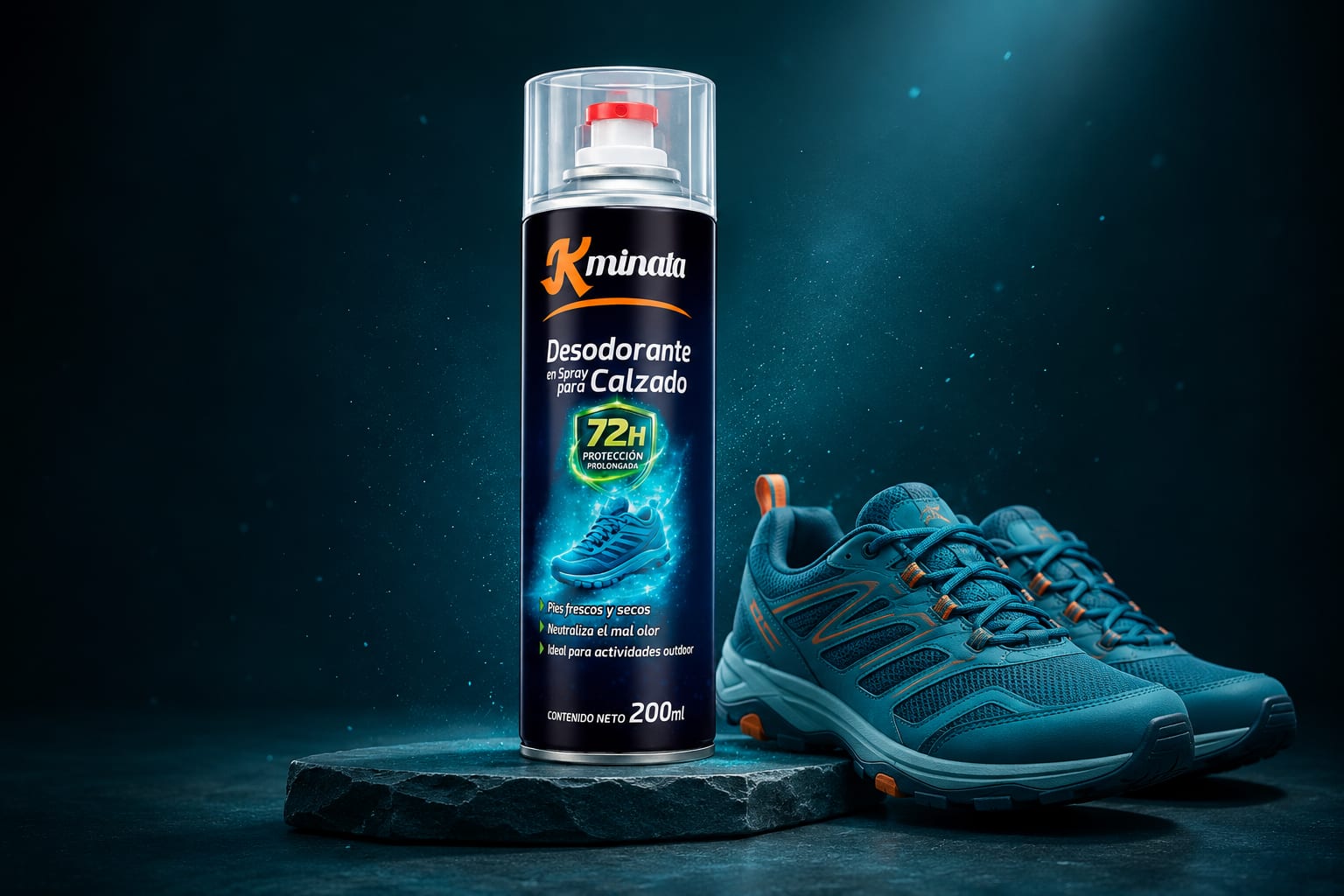 Composición publicitaria Kminata con el desodorante para calzado y zapatillas turquesa sobre fondo azul oscuro